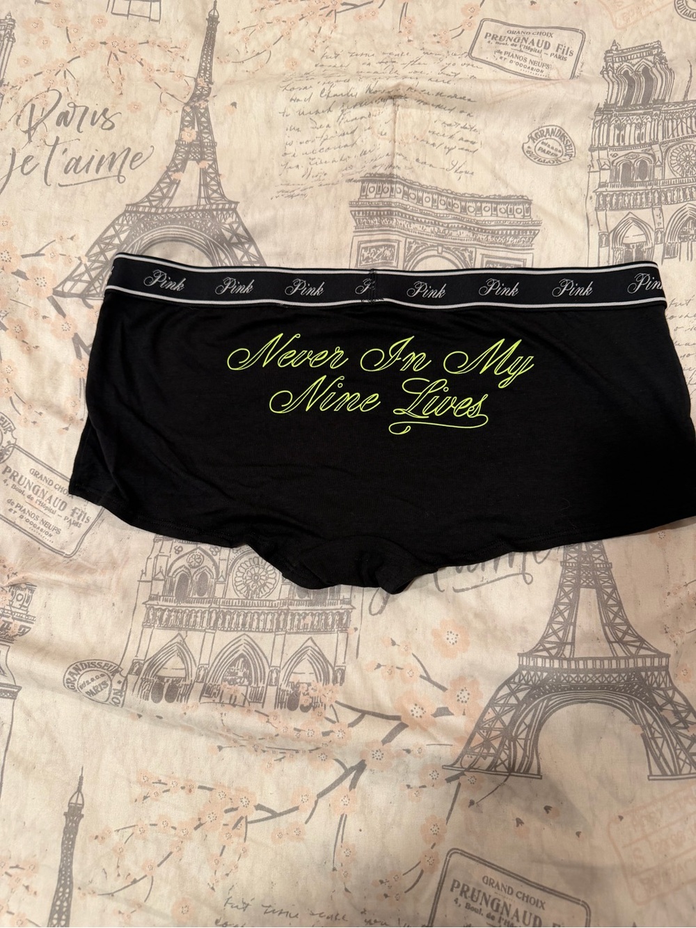 PINK Victoria's Secret Black Boyshorts with Lime Script Never in My Nine Lives